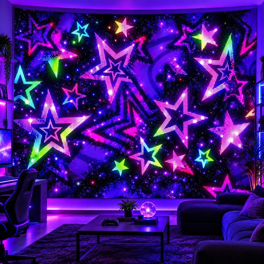 2D Flat Glow-In-The-Dark Mural, Neon Rainbow Starburst Design, Suitable For Bedroom, Living Room And Office. Retro Aesthetic Style Game Room Decor, Holiday And Party Decor, College Dorm Decor - Multicolor - View 1