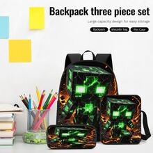 Lava Crack Green Pixel Monster Print 3 Pieces Set Large Capacity Backpack + Crossbody Bag + Pencil Case Adjustable Breathable Shoulder Straps Fashion Pixel Block Game Theme Daily Commute Storage Set - Printed Bag - View 5