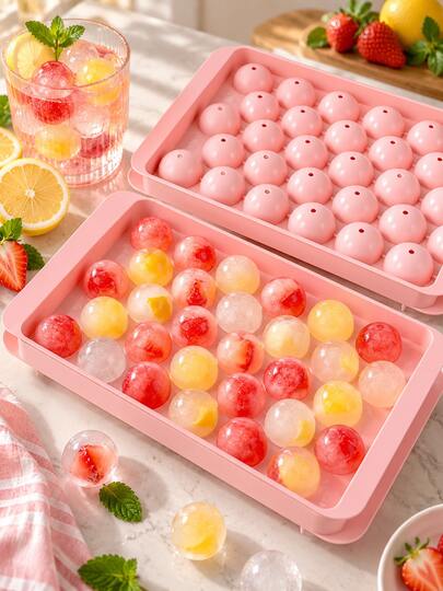 2/4/6 piezas Bandejas para bolas de hielo, molde redondo de 33 cavidades para cubitos de hielo rosa con tapa, bandeja de congelador de fácil liberación para café helado, cócteles y bebidas