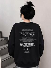 Women's Vintage Letter Print Sweatshirt, Black Loose Fit Crew Neck Long Sleeve Casual Pullover - Black - View 1