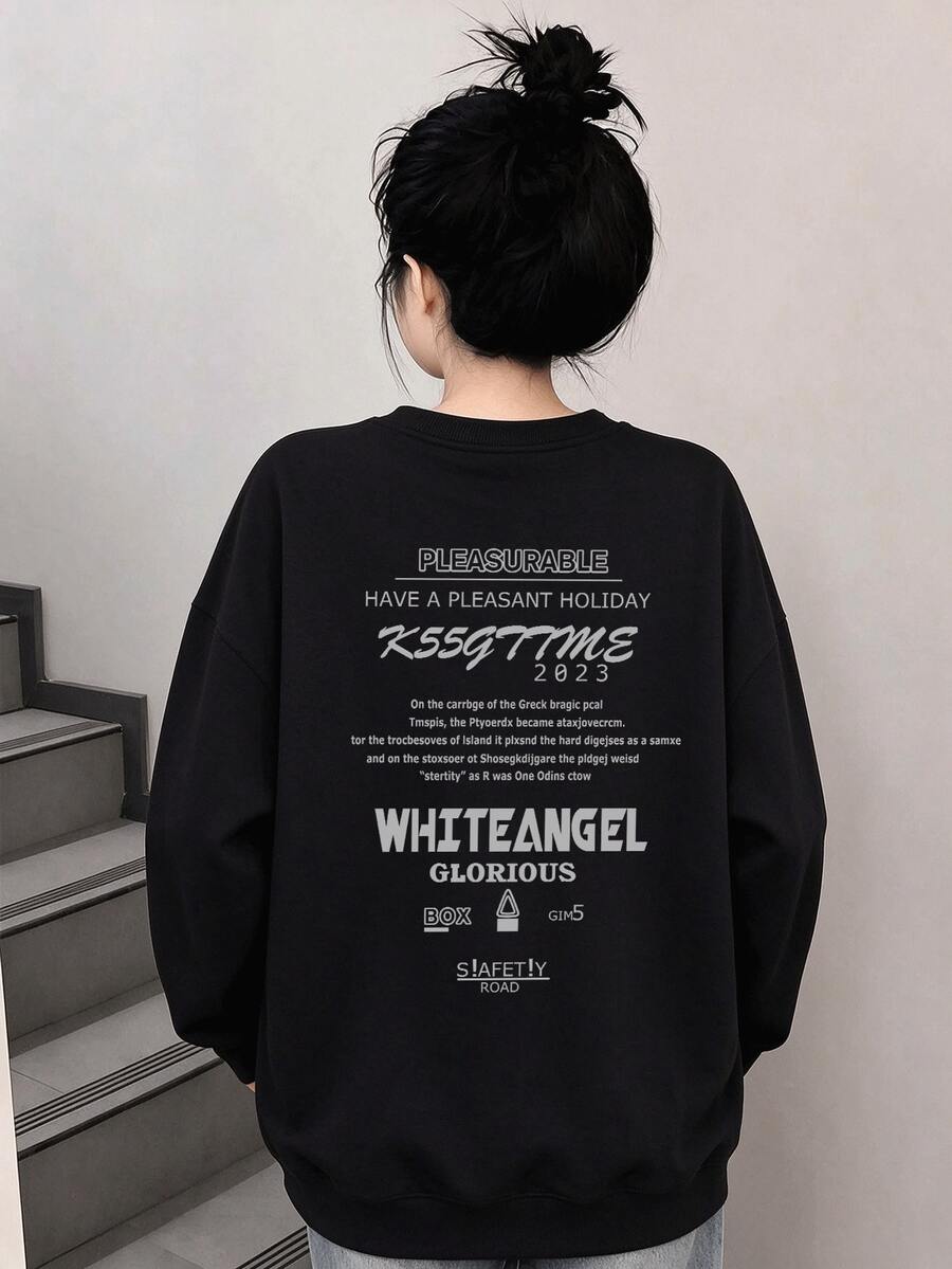 Women's Vintage Letter Print Sweatshirt, Black Loose Fit Crew Neck Long Sleeve Casual Pullover - Black - View 1