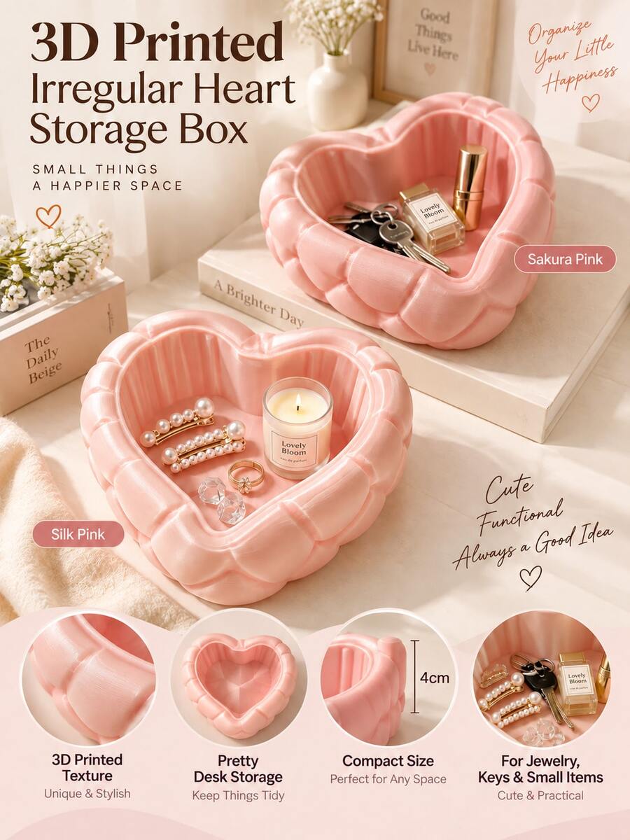 1pc 3D Printed Asymmetrical Heart-Shaped Jewelry Storage Box, Aesthetic Desktop Ornament Organizer, Multi-Functional Desktop Small Item Organizer, Cute Home Desktop Decor - Multicolor - View 1