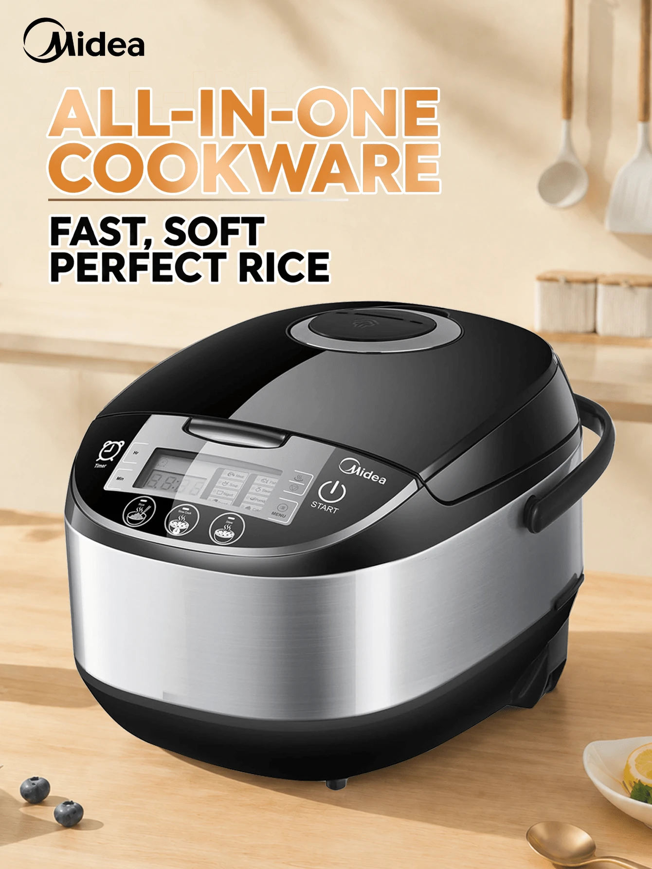 Midea 5L Reiskocher, 11-in-1 Multikocher mit Touch-Display. 24h Timer & Warmhaltefunktion, 6-Stufen-Garen für perfekten Reis. Antihaftbeschichteter Innentopf, leicht zu reinigen. Für Suppe, Schmoren, Dämpfen & Kuchen. Ideal für Familien, Mütter & Anfänger. Gesunde Mahlzeiten.