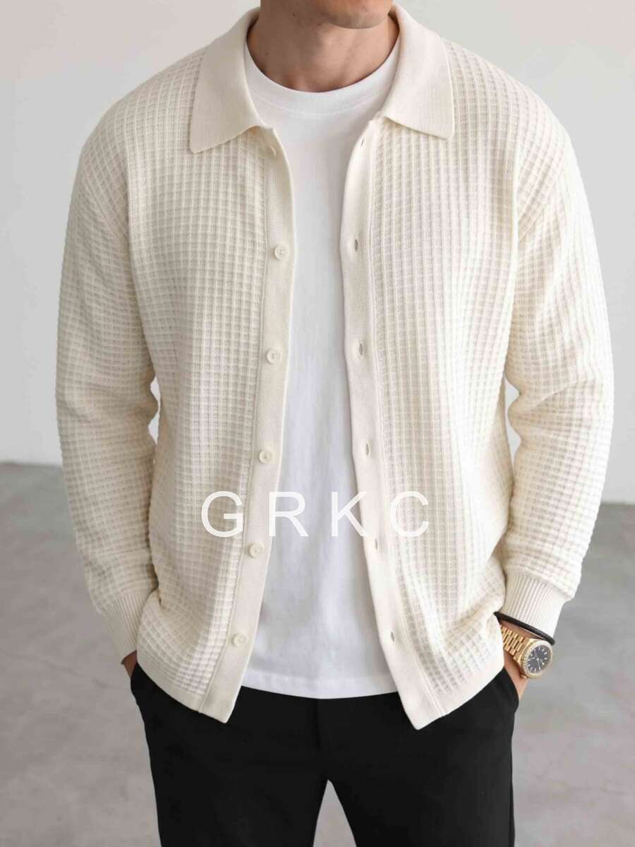 GRKC كارديجان محبوك للرجال بياقة وأزرار، أكمام طويلة، أكتاف منسدلة، ملابس علوية محبوكة كاجوال بطبقات حضرية للخريف/الشتاء - لون مشمشي - مشاهدة 1