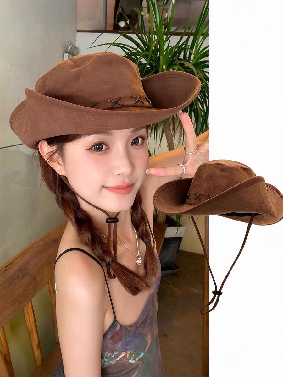 Topi Koboi Barat Cokelat Klasik Unisex, Topi Lipat 2-in-1 dengan Pinggiran Lebar dan Tali Anti Angin, Cocok untuk Aktivitas Luar Ruangan, Berkemah, Perjalanan, Fotografi, dan Melindungi Wajah dari Sinar Matahari. - Topi koboi - View 1