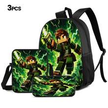 Green Light Lightning Effect Pixel Adventurer Print 3 Pieces Set: Large Capacity Backpack + Crossbody Bag + Pencil Case, Adjustable Breathable Shoulder Straps, Gaming Pixel Style Theme For Daily Commute And Storage - Printed Bag - View 13