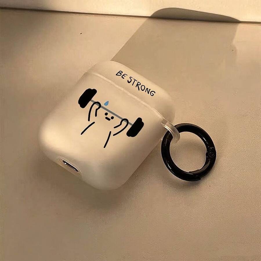 Minimalist Hand-Drawn Weightlifting Figure "BE STRONG" Earphone Case, Semi-Transparent Matte Texture With Black Round Ring Hook, Cute & Personalized, Suitable For Apple Protective Cover - Clear - View 1