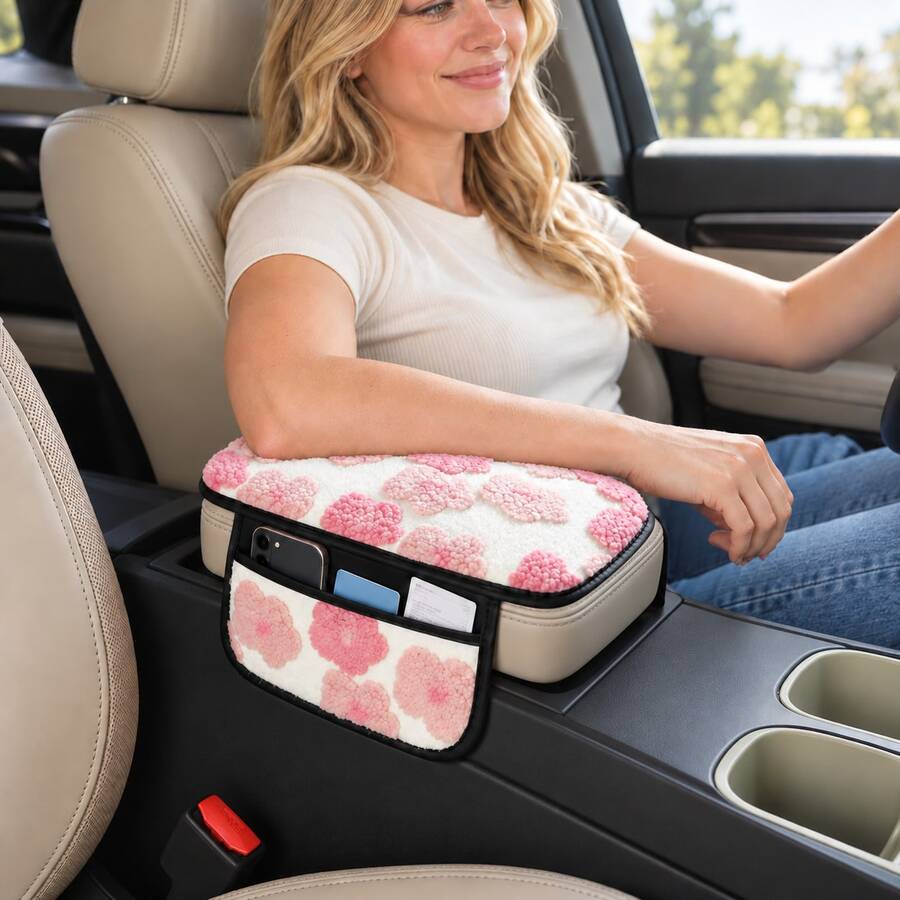 Cute Plush Flower Center Console Armrest Pad (Available In Two Versions: With Dual Storage Pockets Or Without Pockets); Keeps Hands Warm During Autumn And Winter, Protects The Armrest, Universal Fit For All Vehicle Models, Car Interior Accessory.