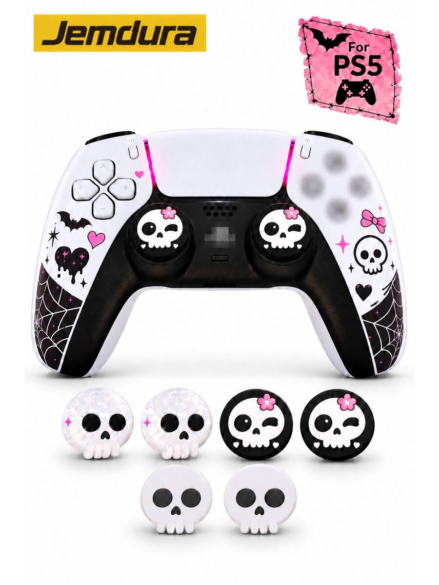 Compatible With PlayStation 4, 5 And Switch Pro Controllers; 2 Sets Of Halloween Themed Joystick Caps - High Performance Controller Joystick Caps, Available In White, Pink Or Crystal Skull Designs; Ideal Halloween Gift Choice. - View 1