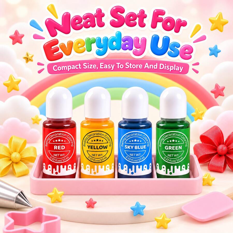 4 Colors 10ml Baking Decoration Liquid Coloring Set, Red Yellow Sky Blue Green Decorative Pigment For Surface Ornament, Baking Craft & Creative Styling - View 1