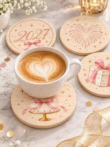1/4/8pcs 2027 New Year Wooden Coasters Set, Pink Bow Fireworks Cake Gift Box Design Drink Coasters, Cute Holiday Table Decor, Round Coffee Cup Mats For Kitchen Dining Room Party Home Decoration Gift - Multicolor - View 9