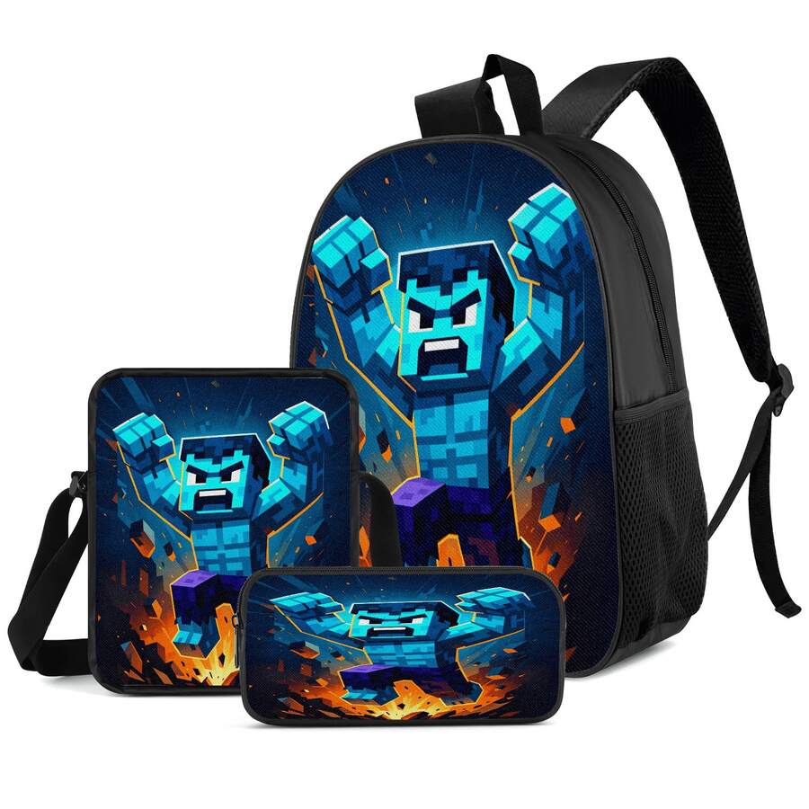 Q-Version Pixel Style Blue Muscular Giant Print 3 Pieces Set, Large Capacity Backpack + Crossbody Bag + Pencil Case, Adjustable Breathable Shoulder Straps, Gaming Pixel Style Theme Enthusiast Daily Commute Storage Set - Printed Bag - View 1
