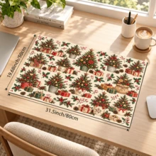 1pc Beige Christmas Tree & Gift Pattern Placemat, Warm Vintage Christmas Style Rectangular Table Mat, Christmas Tree, Gift Box, Pine Branch, Red Berry & Pine Cone Full Print Design, Suitable For Christmas, Winter, Dining Table, Kitchen & Holiday Home Decor - Multicolor - View 15