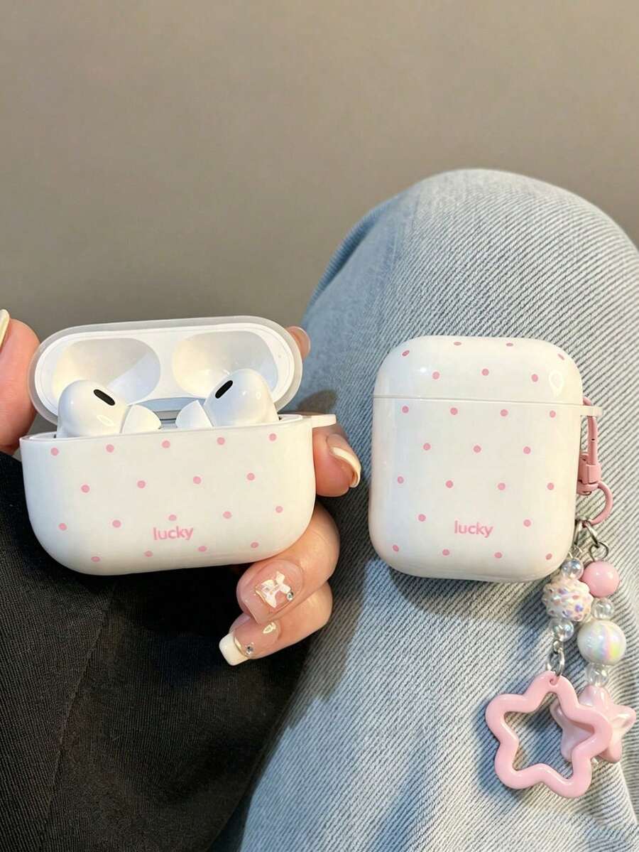 Lucky Polka Dot Protective Case With Star Keychain Pendant, TPU Protective Shell, Compatible With AirPods 1/2/3/4/5/Pro/Pro 2/3, Fits Compatible With Airpods All Series, Commute Highly Attractive Earphone Case Gift Choice, Outfit Accessory - Lucky White Polka Dot + Pendant - View 1