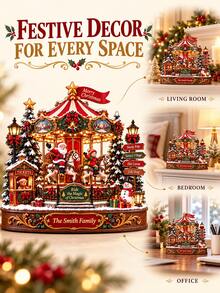 Christmas Rotating Carousel Wooden Block Ornament, 3D-Style Holiday Village Design, Santa Claus Rotating Carousel, Personalized Home Keepsake, Flat Shelf Decor - Multicolor - View 1