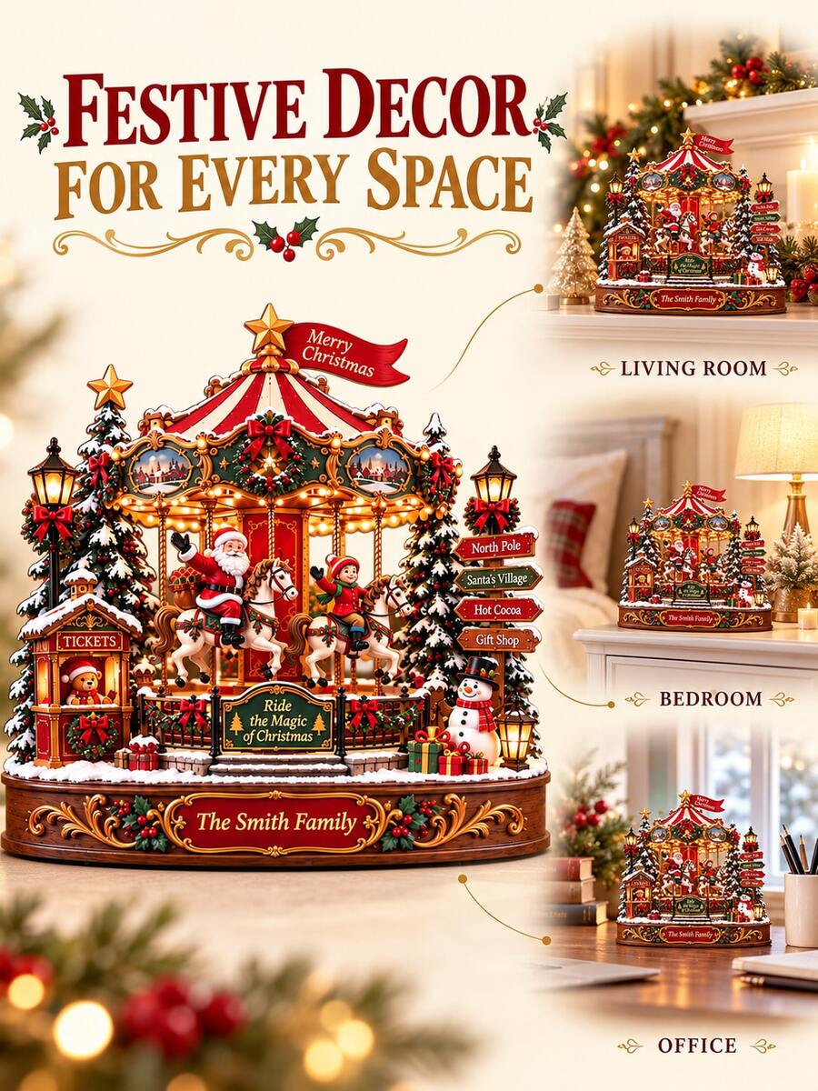 Christmas Rotating Carousel Wooden Block Ornament, 3D-Style Holiday Village Design, Santa Claus Rotating Carousel, Personalized Home Keepsake, Flat Shelf Decor - Multicolor - View 1