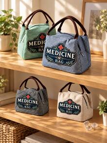 1pcsVintage Medicine Bag, Striped Tote Lunch Bag, Large Capacity Laptop Storage Bag, Zippered Toiletry Makeup Bag For Work, Travel, Business Tri/Set - Multicolor - View 4