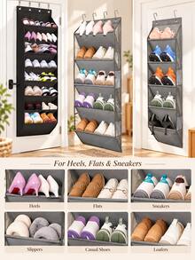 1pc Hanging Shoe Rack, Multi-Layer Space-Saving Non-Woven Fabric Hanging Shoe Organizer With Metal Hooks, Black/Grey Closet Door Shoe Rack, Suitable For Bedroom, Entryway, Dorm, Apartment, Home Storage - Multicolor - View 7