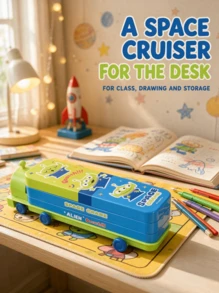 Monogram Disney 1PC  Style Alien Pencil Case, Space Crane Design With Wheels & Slide, Cute Cartoon Double-Layer Tinplate Stationery Storage Box For Daily Use Fan Gift - A - View 5