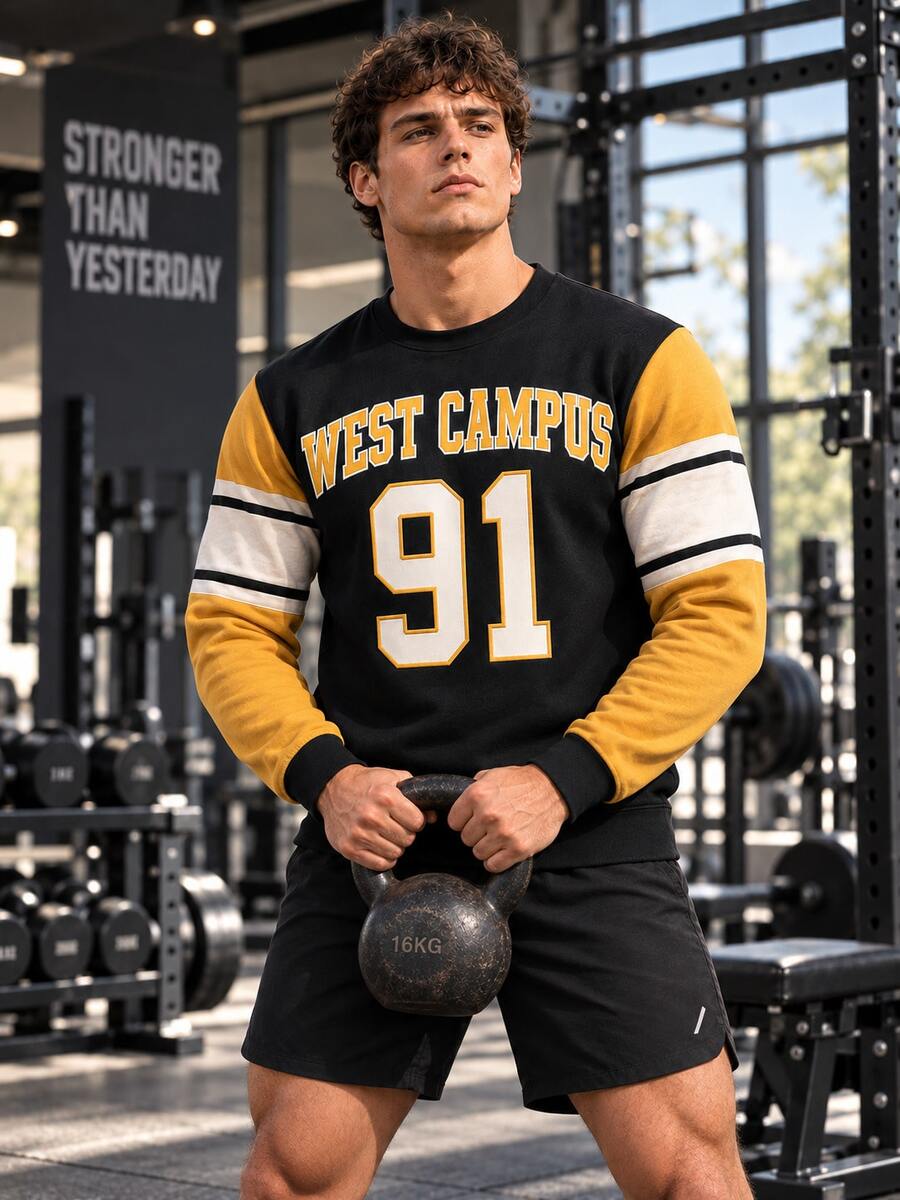 Men's Colorblock Raglan Sleeve Crew Neck Sweatshirt, WEST CAMPUS 91 Number & Letter Print Long Sleeve Collegiate Style Pullover - Multicolor - View 1