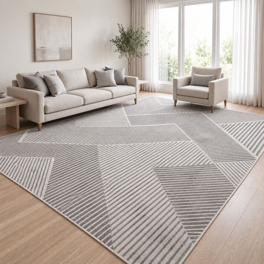 Washable Modern Minimalist Patterned Area Rug – Scandinavian Geometric Design, Contemporary Washable Carpet For Living Room, Bedroom & Home Decor - Black and White - View 1