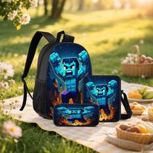 Q-Version Pixel Style Blue Muscular Giant Print 3 Pieces Set, Large Capacity Backpack + Crossbody Bag + Pencil Case, Adjustable Breathable Shoulder Straps, Gaming Pixel Style Theme Enthusiast Daily Commute Storage Set - Printed Bag - View 7