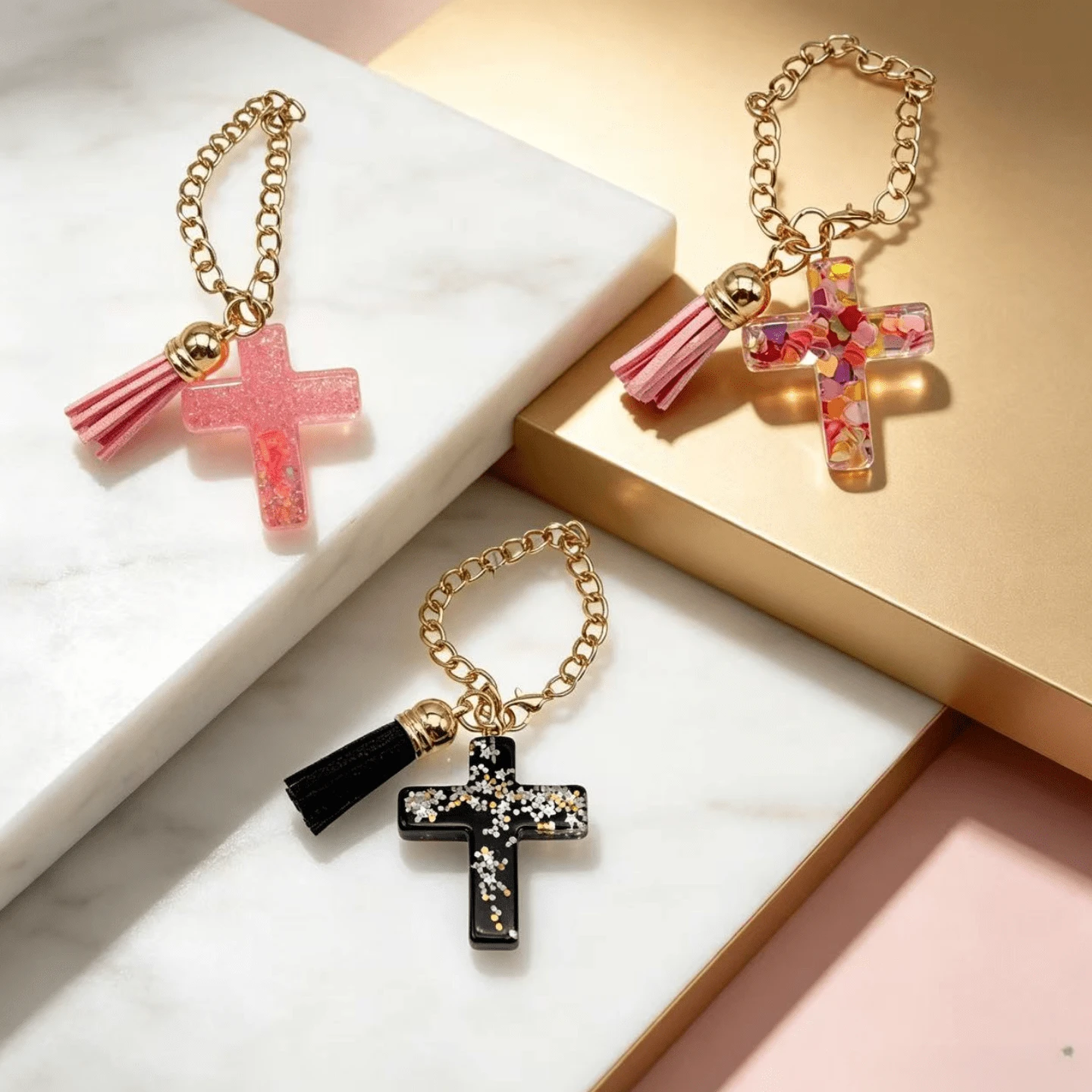 Móc khóa mặt treo hình chữ thập tua rua, tương thích với tay cầm cốc , charm chữ thập nhựa resin lấp lánh, phụ kiện móc khóa đa năng cho ba lô, phụ kiện cầm tay cho nữ (3 màu) - Nhiều màu - Xem 1