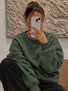Women's Green Autumn/Winter New Loose Minimalist Solid Color Crew Neck Sweatshirt, Casual Fashion Versatile Daily Wear - Green - View 2