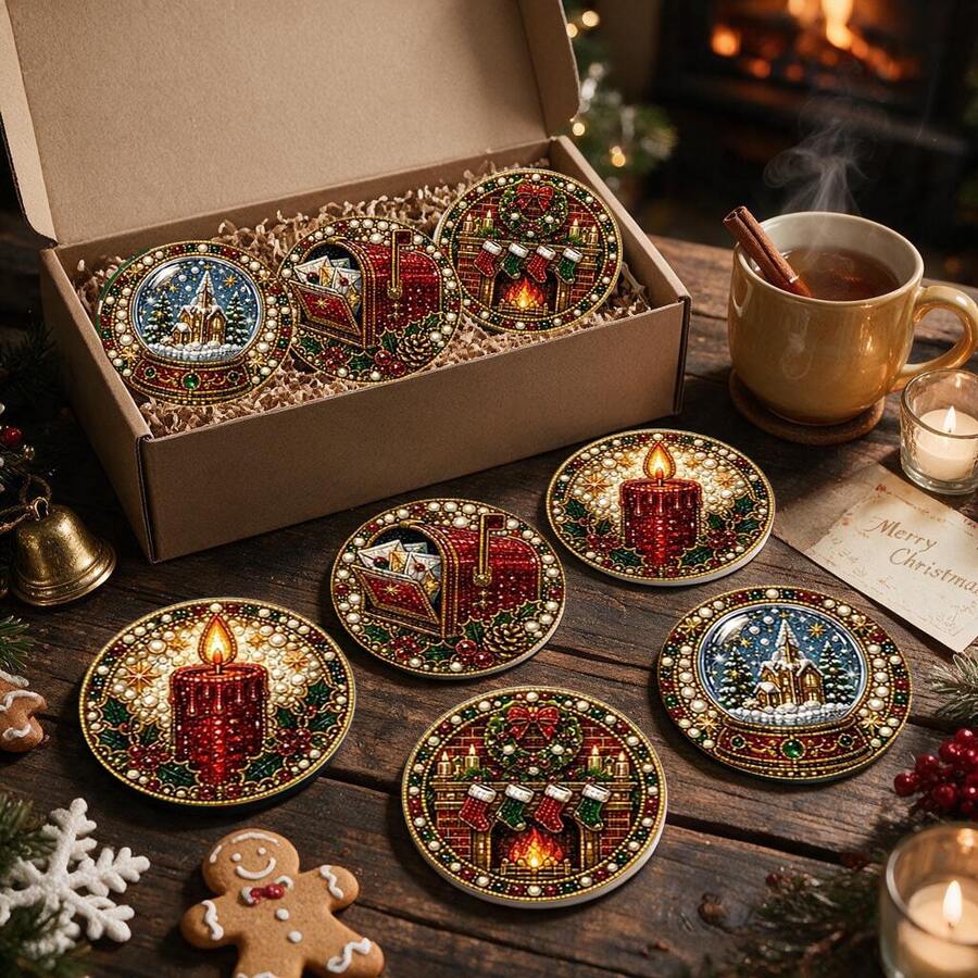 4/8pcs Autumn/Winter New DIY Colorful Pearl Rhinestone + Shiny Diamond Cup Coaster Set, Suitable For Beginners, Applicable For Home, Festival Decoration, DIY Handmade Kit, Perfect Gift Choice For Family And Friends - Rhinestone Coaster/QY214 - View 1