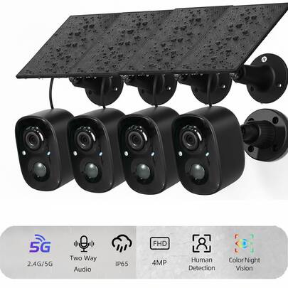 Cámara de inalámbrica para exteriores 2K FHD, cámara Wi-Fi de 2.4GHz y 5GHz para del hogar, alerta instantánea, detección de personas con IA, visión nocturna a color, comunicación bidireccional, almacenamiento en tarjeta SD/nube, alimentada por energía solar/batería, foco, alarma de sirena