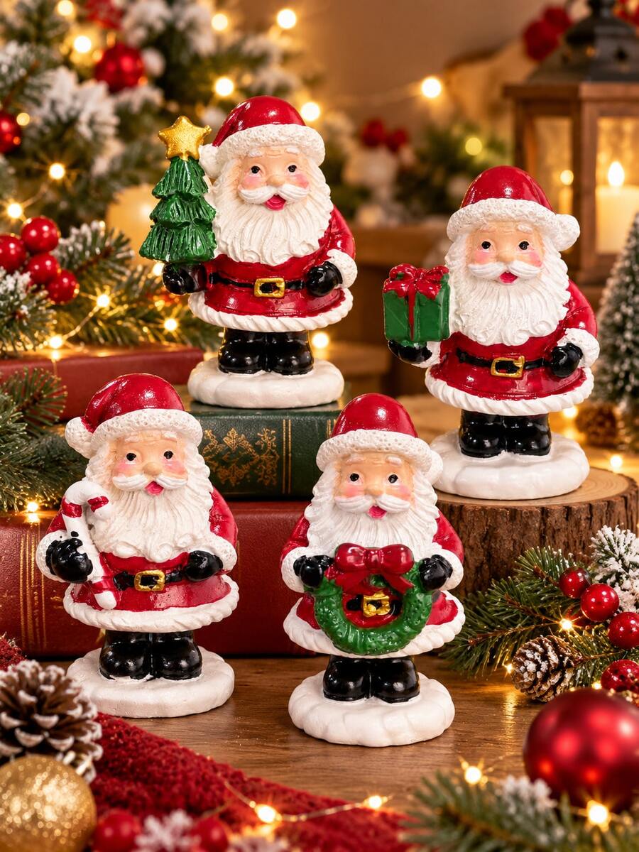 1pc Cute Christmas Santa Claus Figurine, Festive Santa Tabletop Ornament With Tree Gift Candy Cane Or Wreath, Holiday Decor For Mantel Shelf Fireplace Living Room Desk & Entryway - 1PC - View 1