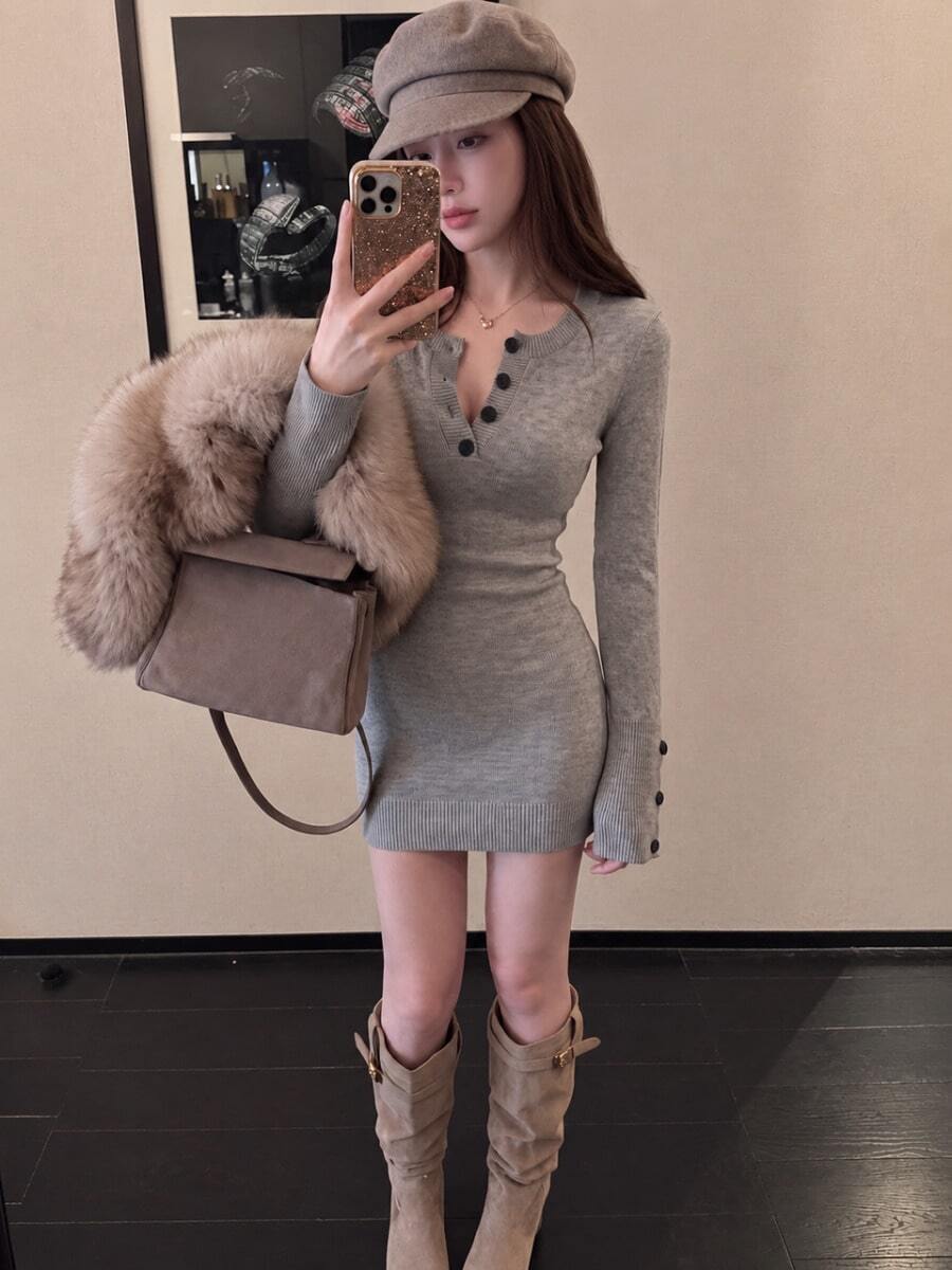 Women's Grey Knit Sweater Dress, Long Sleeve Fitted Short Pencil Skirt With Button Detail, Suitable For Autumn/Winter Season - Grey - View 1