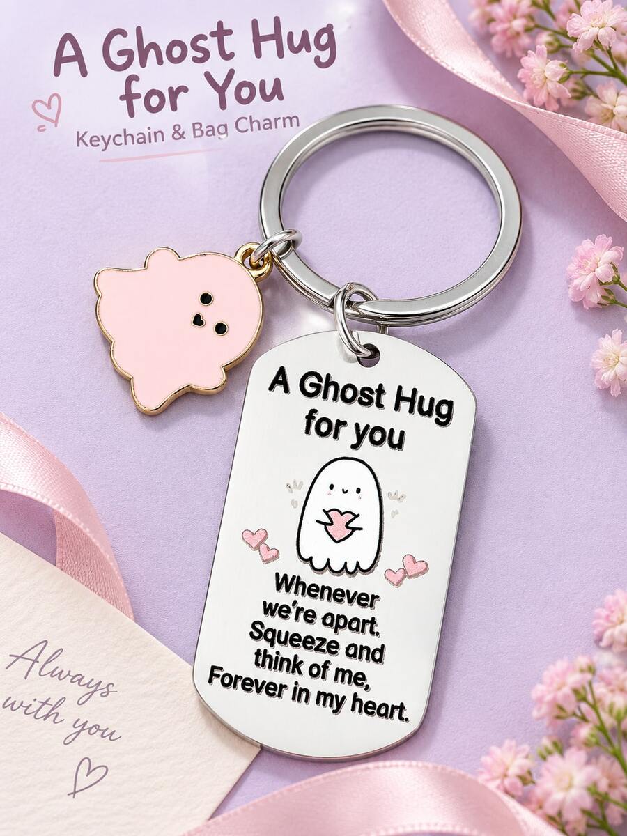 Cute Ghost Keychain, Pink Heart Message Metal Bag Charm, Suitable For Handbags And Backpacks, Ghost Hug Gift, Halloween Gift, Christmas Stocking Filler