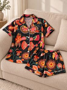 2pcs Women's Comfortable Floral Print Short Sleeve Collared Top And Bow Shorts Pajama Set, Suitable For All Seasons - Black - View 5