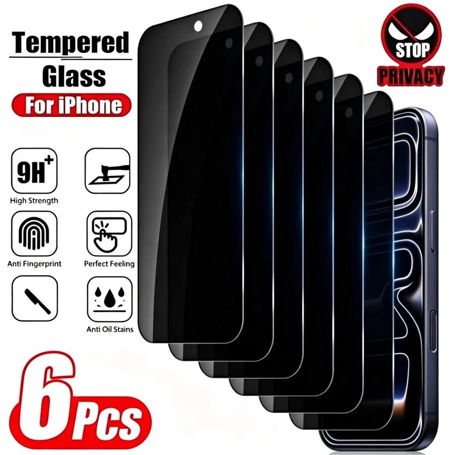 6pcs Privacy Tempered Glass Screen Protector, Black High Hardness, Anti-Peeping, Anti-Scratch, Anti-Drop, Waterproof, Anti-Fingerprint, Compatible With IPhone Duo/18 Pro Max/18 Pro/18/17e/17 Pro Max/17 Pro/17 Air/17/16 Pro Max/16 Pro/16 Plus/16/15 Pro Max/15/14/13/12 And Other Models - Black - View 1