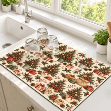 1pc Beige Christmas Tree & Gift Pattern Placemat, Warm Vintage Christmas Style Rectangular Table Mat, Christmas Tree, Gift Box, Pine Branch, Red Berry & Pine Cone Full Print Design, Suitable For Christmas, Winter, Dining Table, Kitchen & Holiday Home Decor - Multicolor - View 10