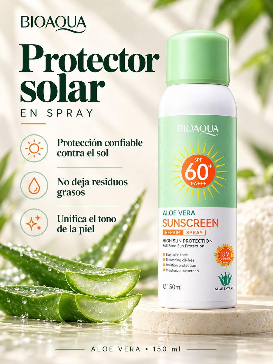Protector Solar en Spray BIOAQUA SPF 60+ PA+++ con Aloe Vera, Acabado ...