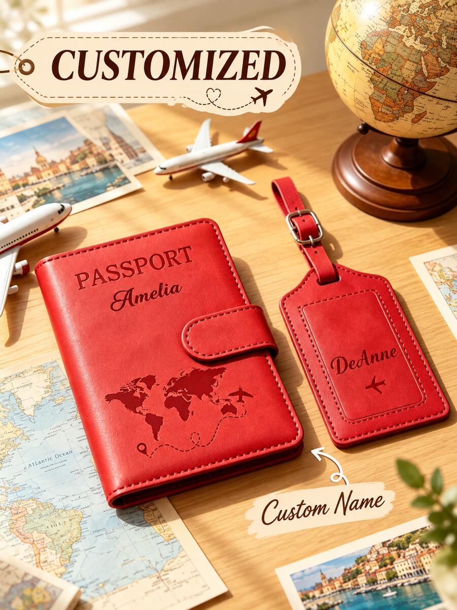 Custom Engraved Passport Cover And Luggage Tag Set, Personalized PU Leather Passport Holder, World Map Travel Document Protector, Customized Name Travel Gift, Suitable For Holiday Travel - Multicolor - View 1
