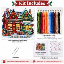 1 Set 36x36cm [14.2x14.2in] Christmas Town Cross Stitch Full Material Kit, 11CT Red & Green House Snowy Street Scene Printed Pattern, Holiday Home Wall Decor Gift - Multicolor - View 4