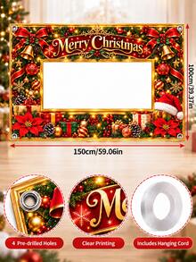 Christmas Polyester Photo Booth Frame Banner, Merry Christmas Red Bow Bell Poinsettia Holly Ornament Gift Print Photo Prop, Holiday Party Photo Backdrop For Family Gathering Indoor Outdoor Xmas Decorations - C - View 6