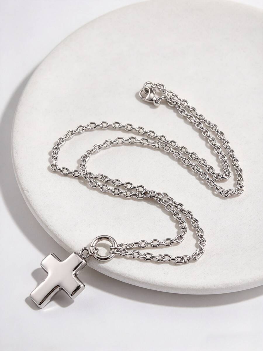 1pc Minimalist Personalized Stainless Steel Polished Shiny 3D Cross Pendant Necklace For Men Daily Commute Wear - Silver - View 1