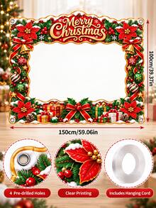 Christmas Polyester Photo Booth Frame Banner, Merry Christmas Poinsettia Bell Ornament Gift Red Bow Photo Prop, Holiday Party Photo Backdrop For Family Gathering Indoor Outdoor Xmas Decorations - A - View 6