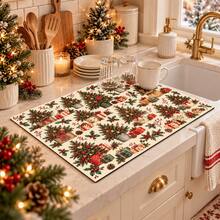 1pc Beige Christmas Tree & Gift Pattern Placemat, Warm Vintage Christmas Style Rectangular Table Mat, Christmas Tree, Gift Box, Pine Branch, Red Berry & Pine Cone Full Print Design, Suitable For Christmas, Winter, Dining Table, Kitchen & Holiday Home Decor - Multicolor - View 2