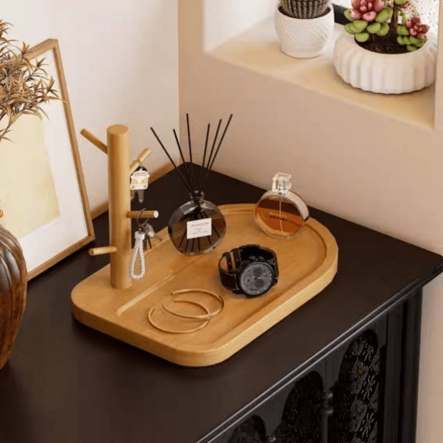 Bamboo Desktop Key Storage Tray, Branch-Shaped Desktop Organizer With Hooks, Decorative Storage Tray For Keys, Jewelry, Watches And Small Items, Entryway Table Home Decor