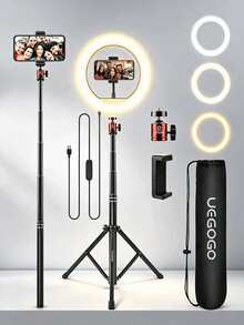 UEGOGO 10-Inch Ring Light (With Adjustable Tripod And Ball Head) - Portable LED Lighting Kit With Phone Holder; Suitable For Makeup, Selfie, Video Call, Live Streaming, Photography And Social Media Content Creation. Perfect As A Holiday Gift. - Black - View 1
