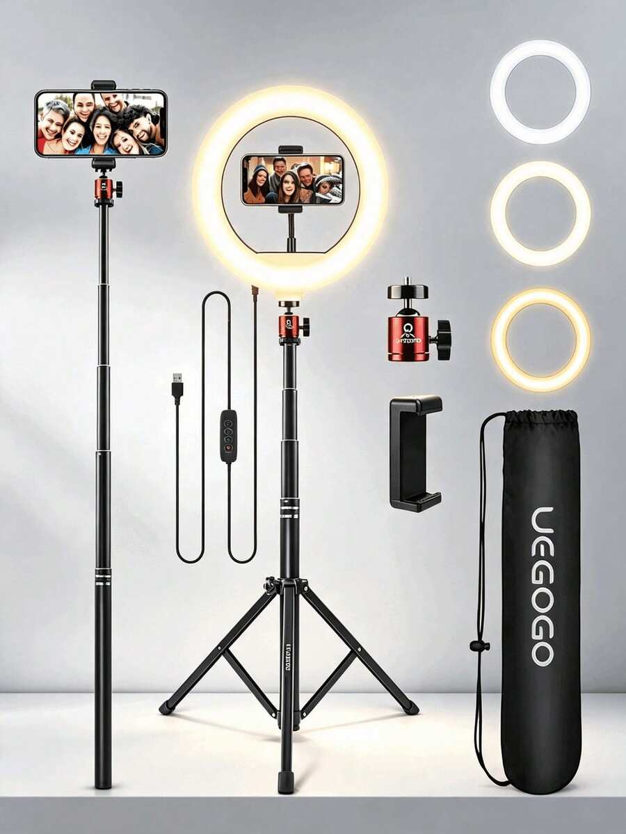 UEGOGO 10-Inch Ring Light (With Adjustable Tripod And Ball Head) - Portable LED Lighting Kit With Phone Holder; Suitable For Makeup, Selfie, Video Call, Live Streaming, Photography And Social Media Content Creation. Perfect As A Holiday Gift. - Black - View 1