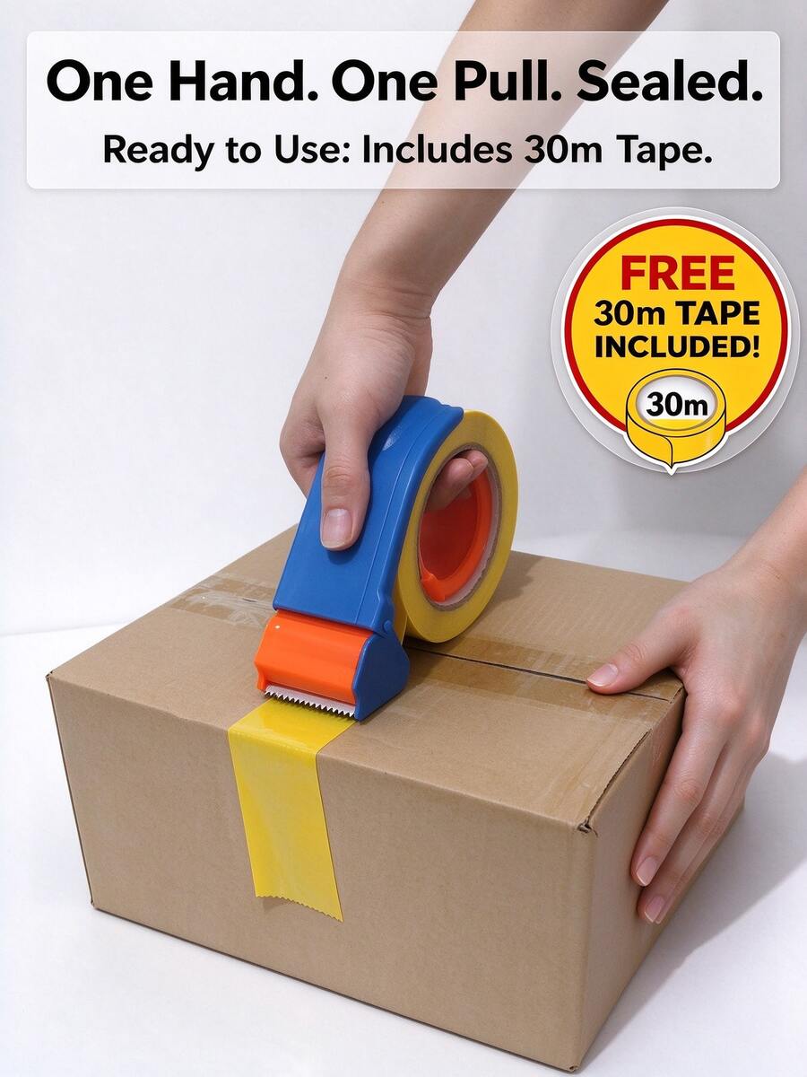 1pc Packing Tape Dispenser Set With 30m Tape, Handheld Packaging Tape Dispenser With Built-In Metal Cutter, Carton Sealing Tool, Suitable For Home Moving, Warehouse, Office And Express Packaging