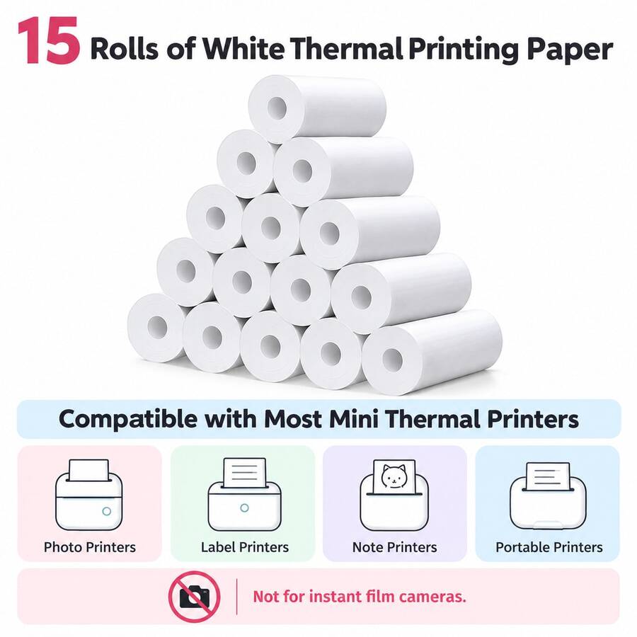 57x25mm Thermal Paper Rolls For Mini Thermal Printers, 5 10 Or 15 Roll Packs, Inkless Printing Paper For Photos, Pictures, Memos, Notes, Journaling, Planners, Scrapbooks, Study, Office And DIY Crafts