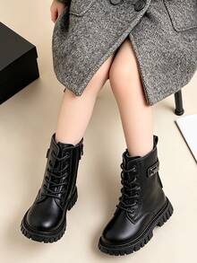 1 Pair Kids Fashion Short Boots, Girls Cream Lace-Up Boots With Side Zipper And Buckle, Suitable For Autumn/Winter - Black - View 6