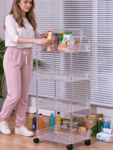 Transparent Multi-Tier Storage Cart. Vertical Striped Baskets With Sturdy Frame. Built-In Universal Wheels. Large Layered Storage, Multiple Sizes Available. Ideal For Kitchen, Bathroom And Living Room To Store Various Sundries. - Multiple Specifications - View 1